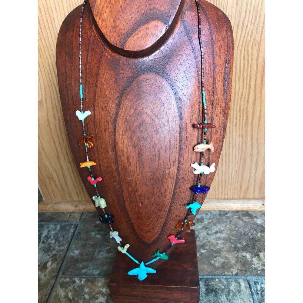 Vtg Zuni Fetish Necklace Native American Hand Carved Turquoise Thunderbird
